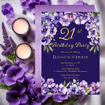 Invitation En Aluminium Élégante Violette violette Florale 21e fête d'anni<br><div class="desc">Elégant violet violet design floral "21st Birthday Party" conception de feuille d'or avec un haut et le bas floral swag de violets et véritable texte de feuille d'or avec un violet en détresse et arrière - plan de poussière d'étoile blanche sur le dos.</div>