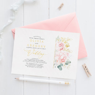Invitation En Aluminium Élégantes Fleurs Roses Romantiques et Verdure de M