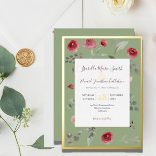 Invitation En Aluminium Élégantes Roses Bourgeon Vert Sauge Or Feuille Inv