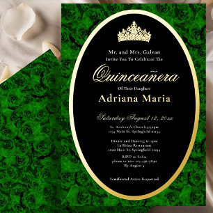 Invitation En Aluminium Elegantes Roses Vertes Fleur Quinceanera en Or