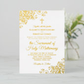 Invitation En Aluminium Elégants boucles d'or sur Mariage catholique blanc (Debout devant)