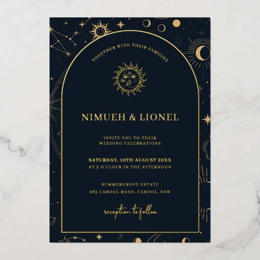 Invitation En Aluminium Éléments mystiques célestes Starsignes Mariage Foi (Recto)