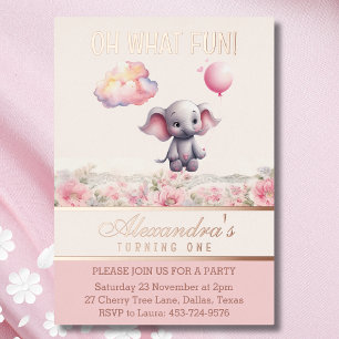 Invitation En Aluminium Eléphant 1er anniversaire rose Floral Baby Girl