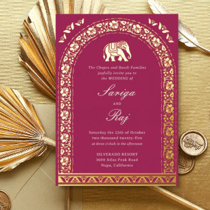 Invitation En Aluminium Eléphant d'or et Mariage indien de fleurs de Lotus