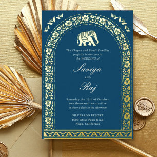 Invitation En Aluminium Éléphant doré & Fleur de Lotus Mariage Indien