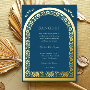 Invitation En Aluminium Elephant et Lotus Flower Indian Sangeet Gold