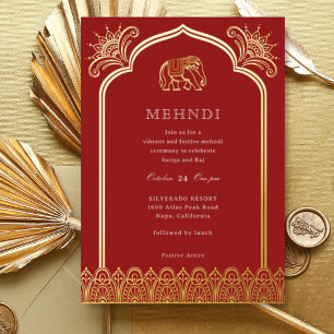 Invitation En Aluminium Elephant & Henna Design Motif Indien Mehndi Gold