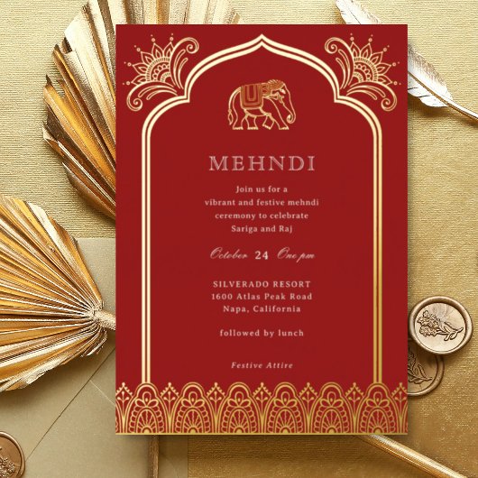 Invitation En Aluminium Elephant & Henna Design Motif Indien Mehndi Gold