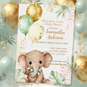 Invitation En Aluminium Éléphante Marron Vert Sauge Ballons Baby Shower