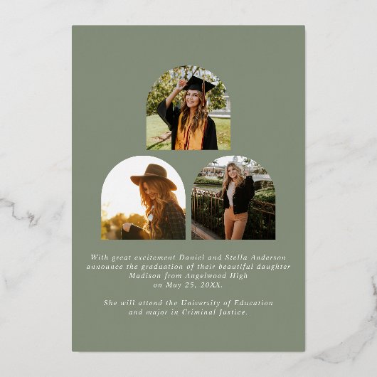 Invitation En Aluminium Elle A Fait Sage Green Modern Arch Photo Graduatio (Verso)
