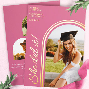 Invitation En Aluminium Elle L'A Fait Pink Modern Arch Photo Graduation
