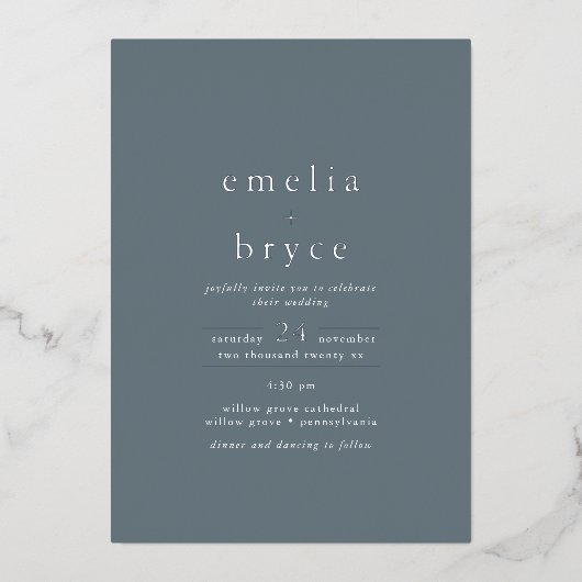 Invitation En Aluminium EMELIA Bleu foncé Mariage simple Boho (Recto)