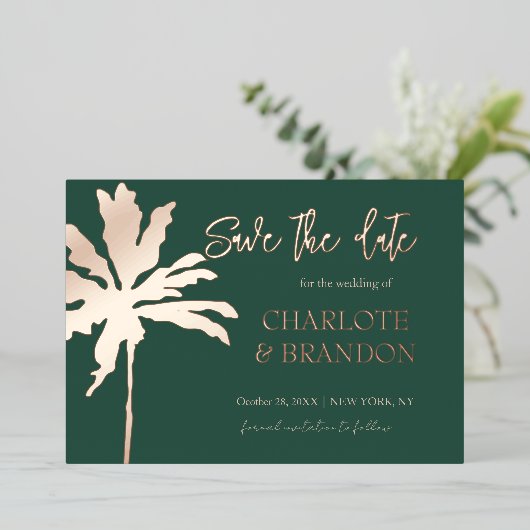 Invitation En Aluminium Emeral Green Palm Tree Beach Mariage Enregistrer L (Debout devant)