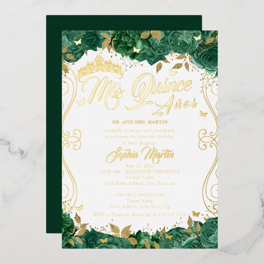Invitation En Aluminium Emerald Floral Scroll Mis Quince Quinceanera (Recto/Verso)