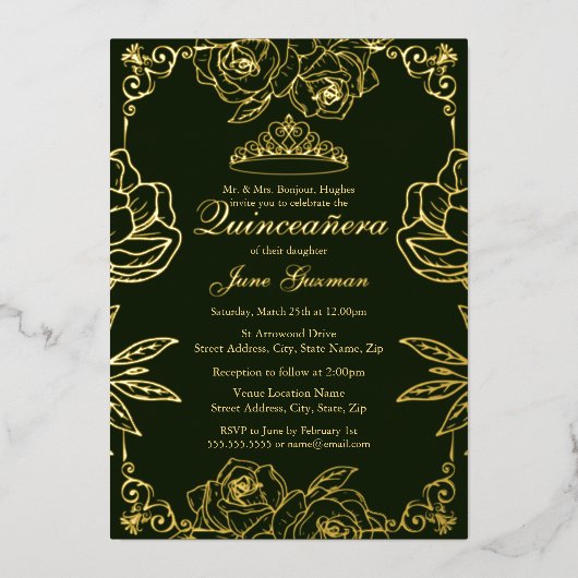 Invitation En Aluminium Emerald Gold Rose Garden Quinceanera (Recto)