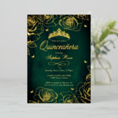 Invitation En Aluminium Emerald Gold Roses Thème Quinceanera (Debout devant)