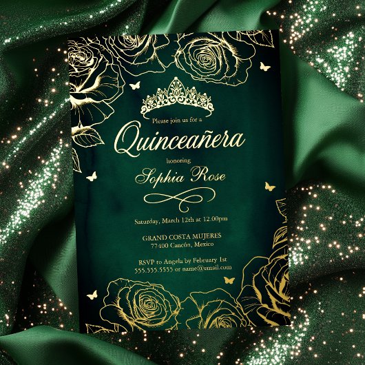 Invitation En Aluminium Emerald Gold Roses Thème Quinceanera