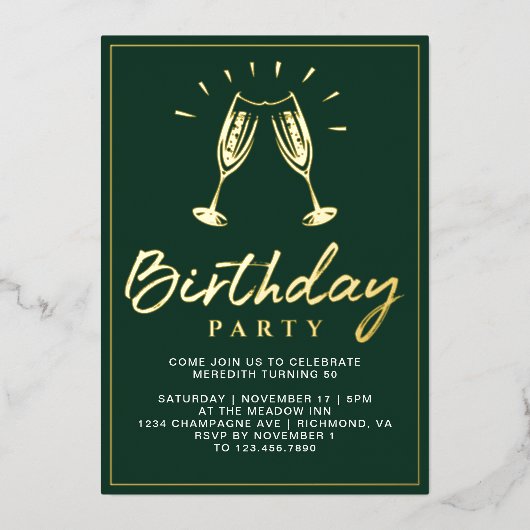 Invitation En Aluminium Emerald Green et Gold Champagne fête d'anniversair (Recto)
