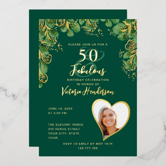 Invitation En Aluminium Emerald Green & Gold 50 & Fabuleux anniversaire (Recto/Verso)