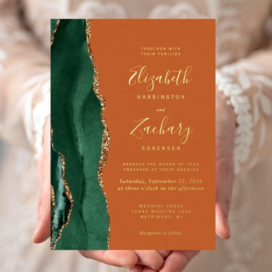 Invitation En Aluminium Emerald Green Gold Agate Burning Orange Mariage