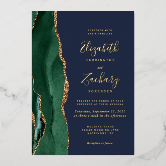 Invitation En Aluminium Emerald Green Gold Agate Mariage bleu marine (Recto)