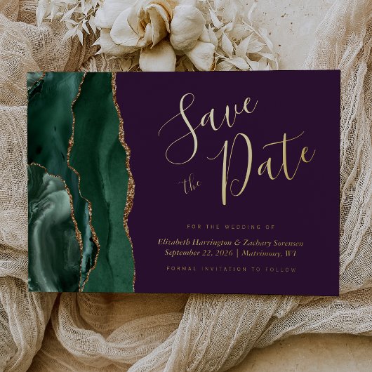 Invitation En Aluminium Emerald Green Gold Agate Purple Enregistrer la dat