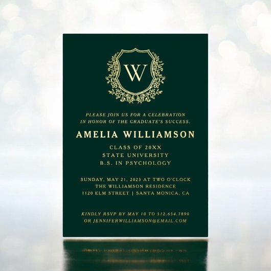 Invitation En Aluminium Emerald Green Gold Crest Monogram Graduation Party