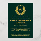 Invitation En Aluminium Emerald Green Gold Crest Monogram Graduation Party (Recto)