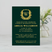 Invitation En Aluminium Emerald Green Gold Crest Monogram Graduation Party (Debout devant)