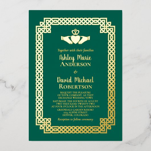 Invitation En Aluminium Emerald Green Gold Foil Celtic Claddagh Mariage (Recto)