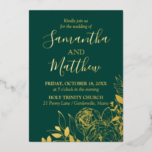 Invitation En Aluminium Emerald Green & Gold Peony Moderne Floral Mariage (Recto)