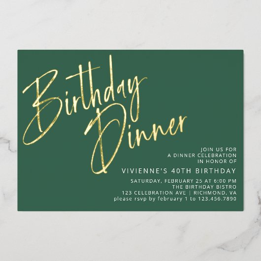 Invitation En Aluminium Emerald Green & Gold Simple Moderne Dîner d'annive (Recto)