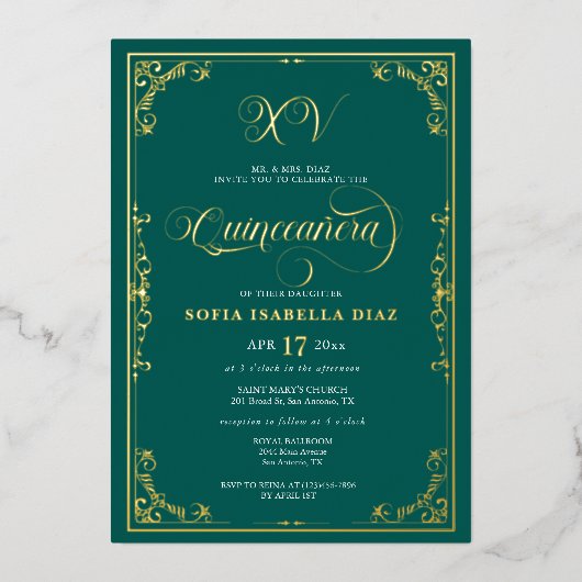 Invitation En Aluminium Emerald Green Quinceañera Gold (Recto)