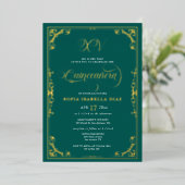 Invitation En Aluminium Emerald Green Quinceañera Gold (Debout devant)