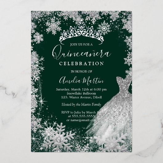 Invitation En Aluminium Emerald Green Snowflake Quinceanera d'hiver (Recto)