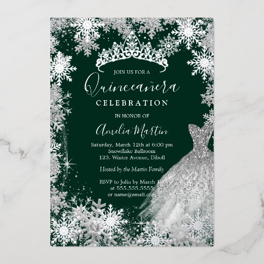 Invitation En Aluminium Emerald Green Snowflake Quinceanera d'hiver (Recto)