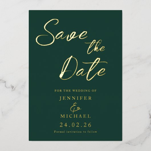 Invitation En Aluminium Emerald Green Wedding Enregistrer La Date Gold (Recto)