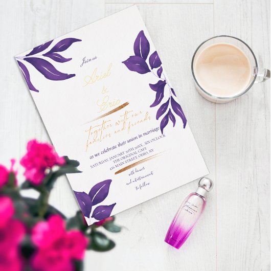 Invitation En Aluminium Emerald Purple & Gold Eucalyptus Mariage