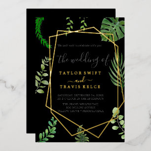 Invitation En Aluminium Emerald Verdure Mariage Casual Noir Feuille Doré