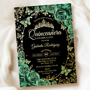 Invitation En Aluminium Emerald Vert Or Noir Roses Quinceanera