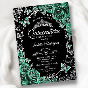 Invitation En Aluminium Emeraud Vert Argent Noir Roses Quinceanera