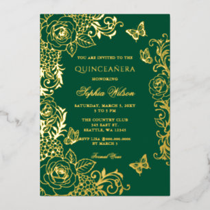 Invitation En Aluminium Émeraude Fleur de Papillon d'Or Quinceañera