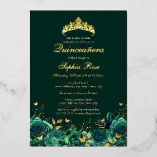 Invitation En Aluminium Emeraude Fleurie Papillon Quinceanera Anniversaire