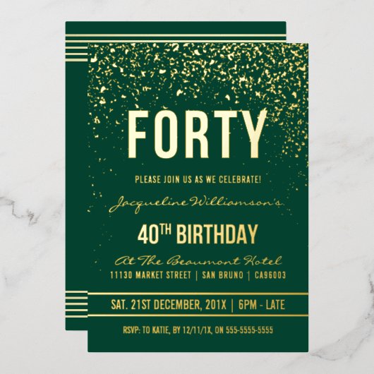 Invitation En Aluminium Émeraude | Gold Confetti 40e fête d'anniversaire (Recto/Verso)