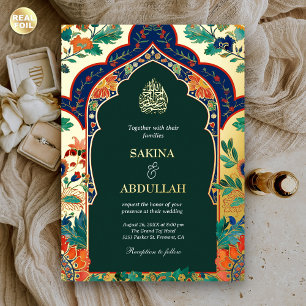 Invitation En Aluminium Émeraude Perse Floral Inlay Mariage Musulman Or