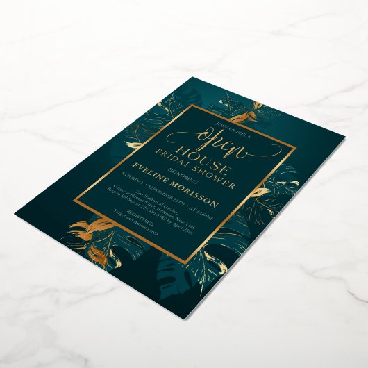 Invitation En Aluminium Émeraude vert et véritable feuille d'or ouvert (Rotation)