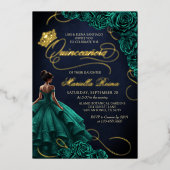Invitation En Aluminium Émeraude Vert Floral Robe Quinceañera (Recto)