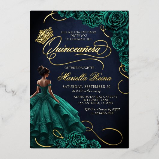 Invitation En Aluminium Émeraude Vert Floral Robe Quinceañera (Recto)