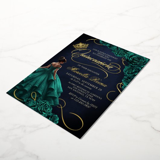 Invitation En Aluminium Émeraude Vert Floral Robe Quinceañera (Rotation)