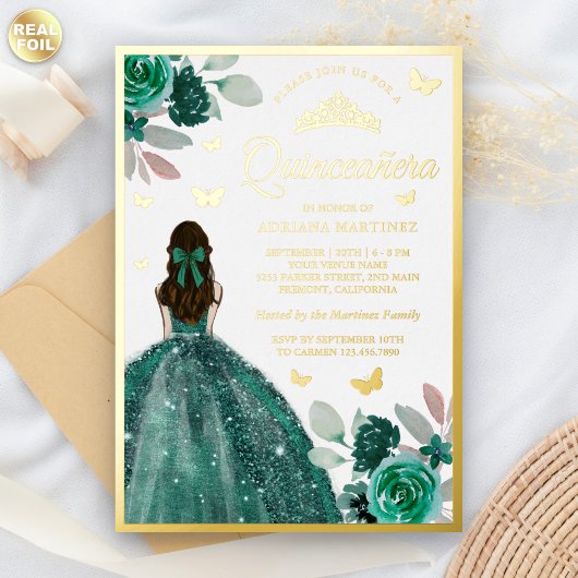 Invitation En Aluminium Émeraude Vert Robe Papillon Quinceanera Or